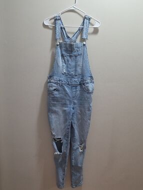 Maurices Light Blue Distressed Denim Overalls